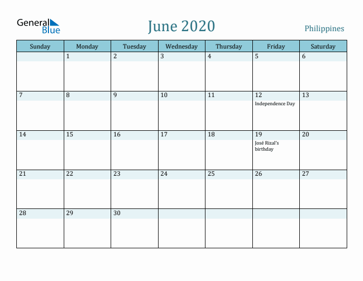 June 2020 Calendar with Holidays