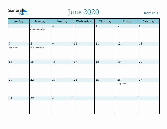 June 2020 Calendar with Holidays