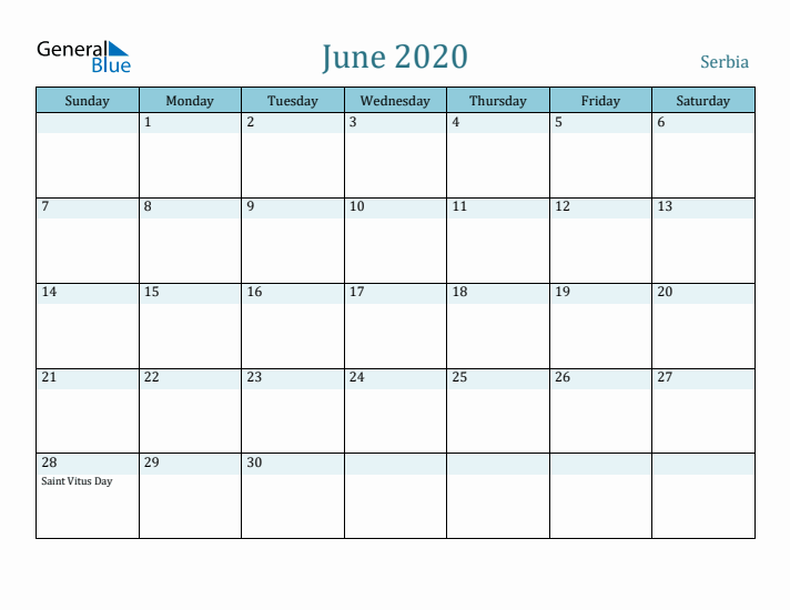 June 2020 Calendar with Holidays