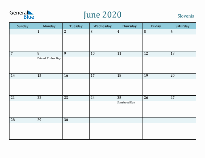 June 2020 Calendar with Holidays