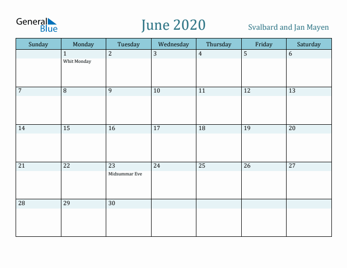 June 2020 Calendar with Holidays