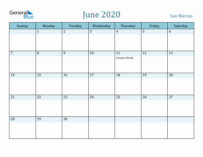 June 2020 Calendar with Holidays