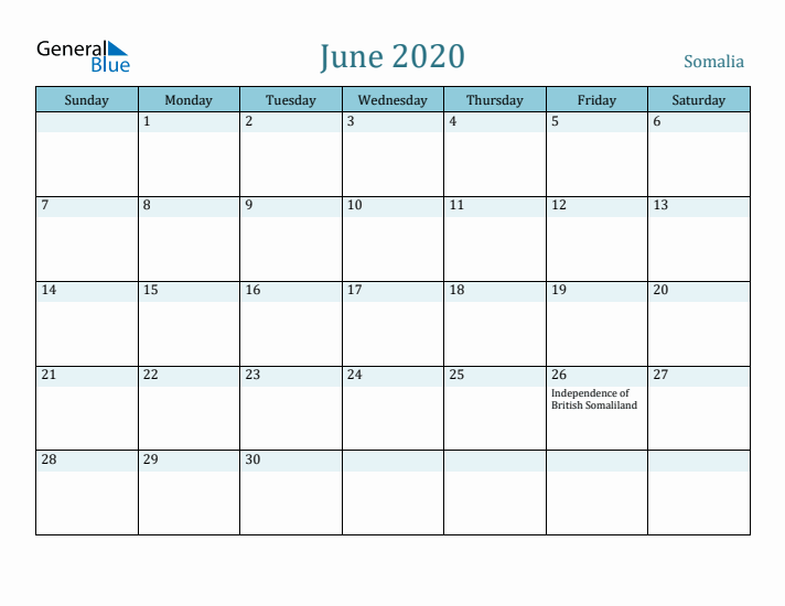 June 2020 Calendar with Holidays