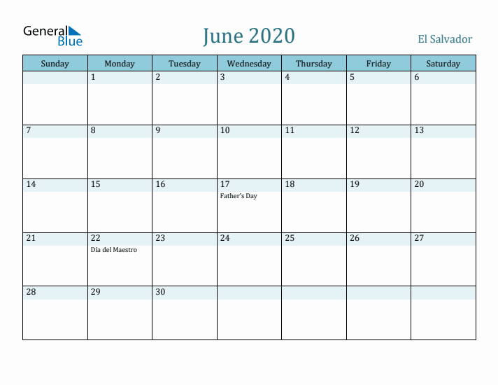 June 2020 Calendar with Holidays