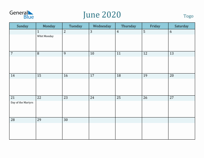 June 2020 Calendar with Holidays