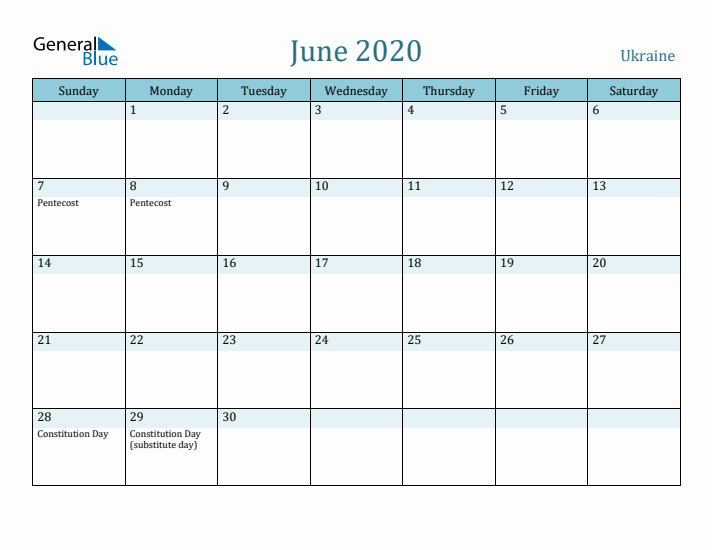 June 2020 Calendar with Holidays