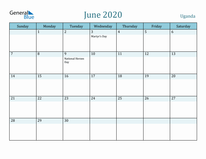 June 2020 Calendar with Holidays