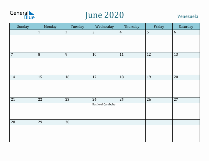 June 2020 Calendar with Holidays