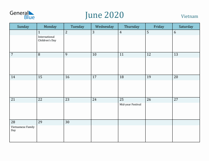 June 2020 Calendar with Holidays