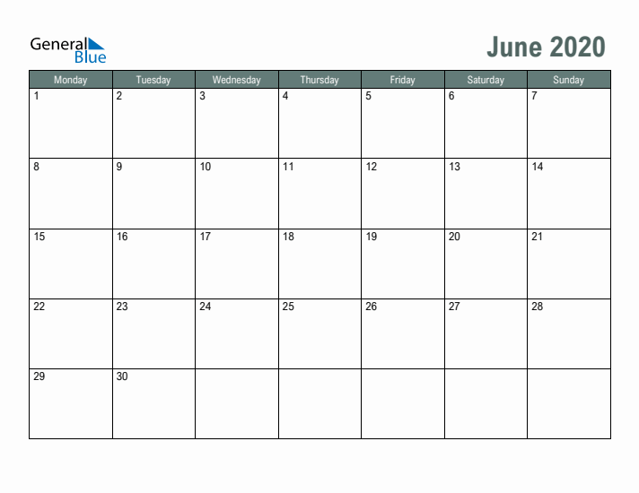 Free Printable June 2020 Calendar