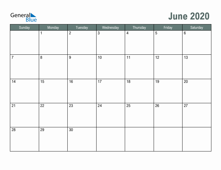 Free Printable June 2020 Calendar