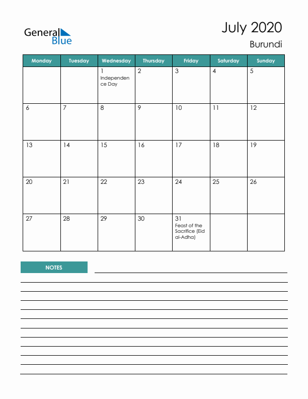 Calendar with Notes Printable - Monday Start