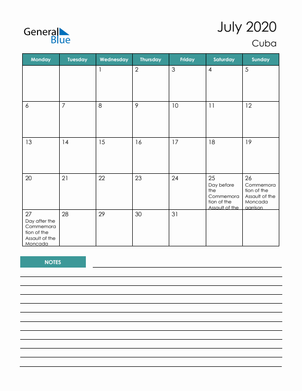 Calendar with Notes Printable - Monday Start