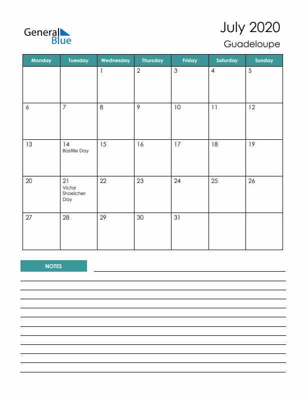 Calendar with Notes Printable - Monday Start