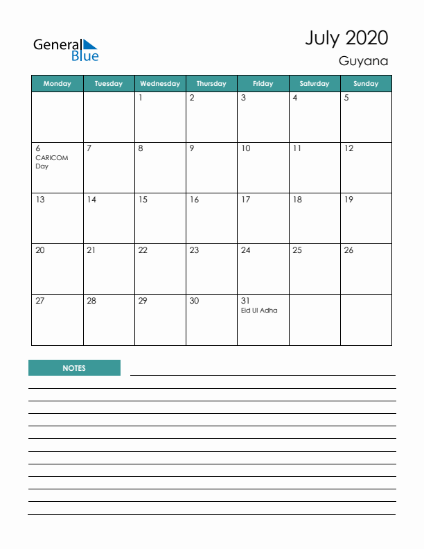 Calendar with Notes Printable - Monday Start