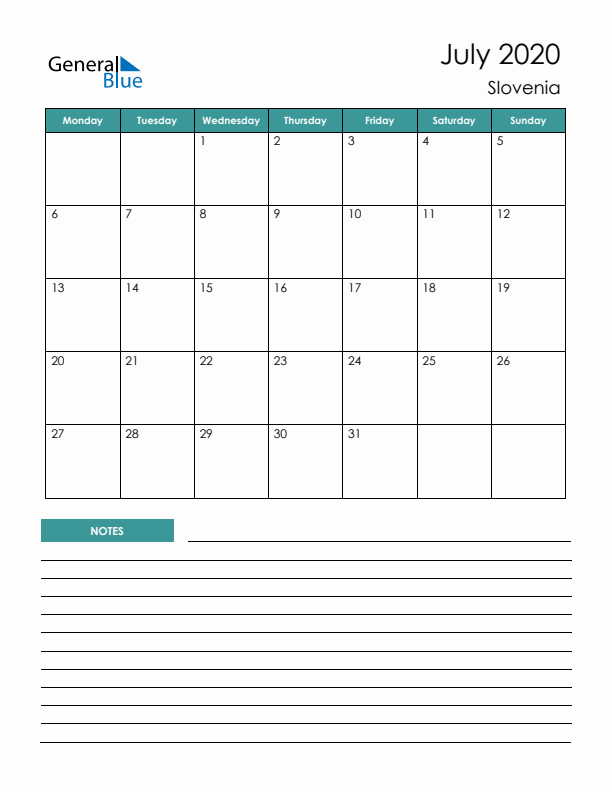 Calendar with Notes Printable - Monday Start