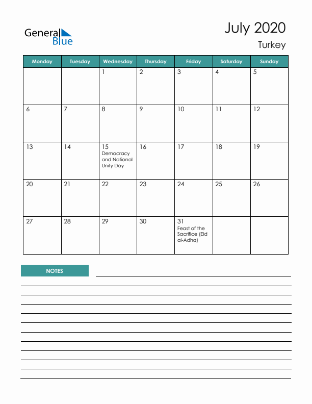 Calendar with Notes Printable - Monday Start