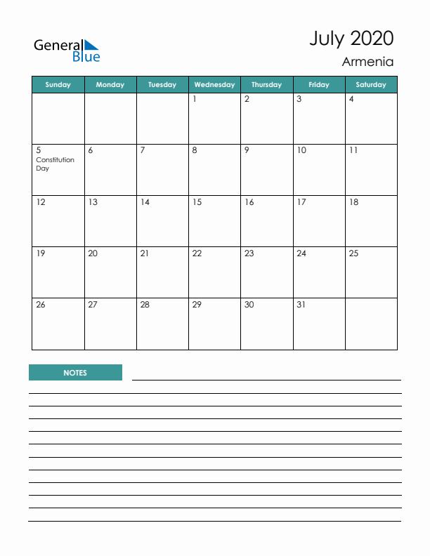 Calendar with Notes Printable - Sunday Start