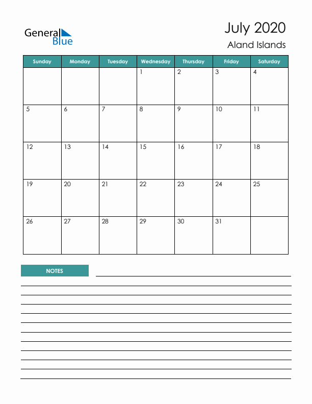 Calendar with Notes Printable - Sunday Start