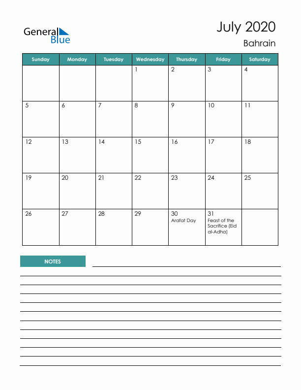 Calendar with Notes Printable - Sunday Start