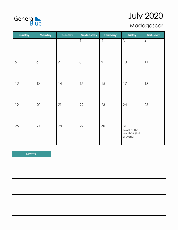 Calendar with Notes Printable - Sunday Start