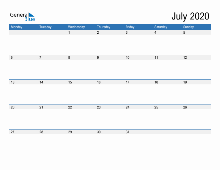 Fillable Calendar for July 2020