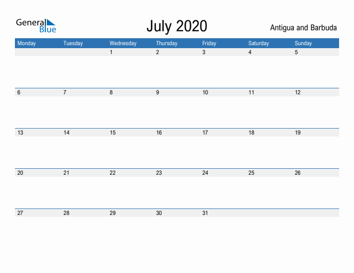 Fillable July 2020 Calendar