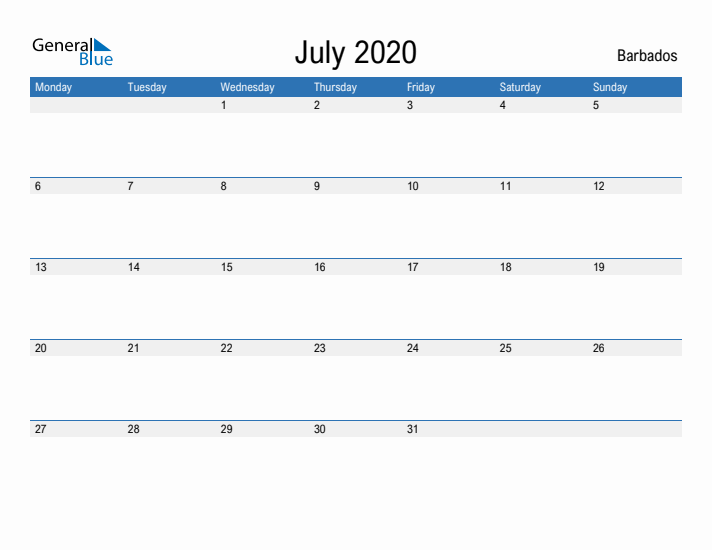 Fillable July 2020 Calendar