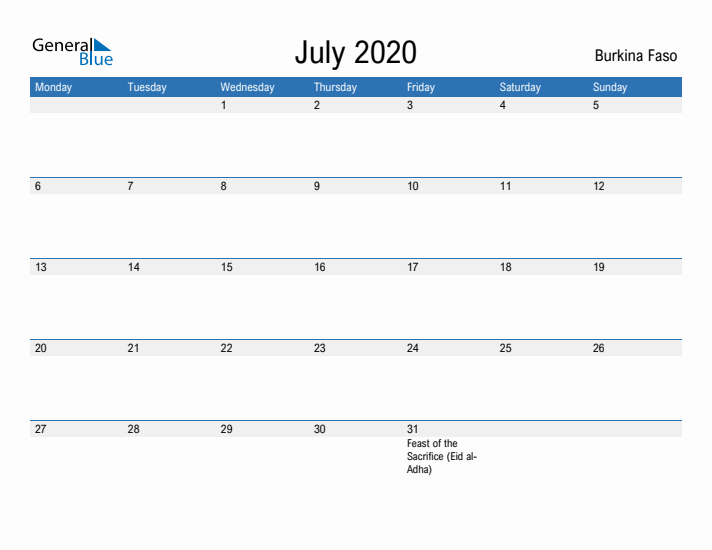 Fillable July 2020 Calendar