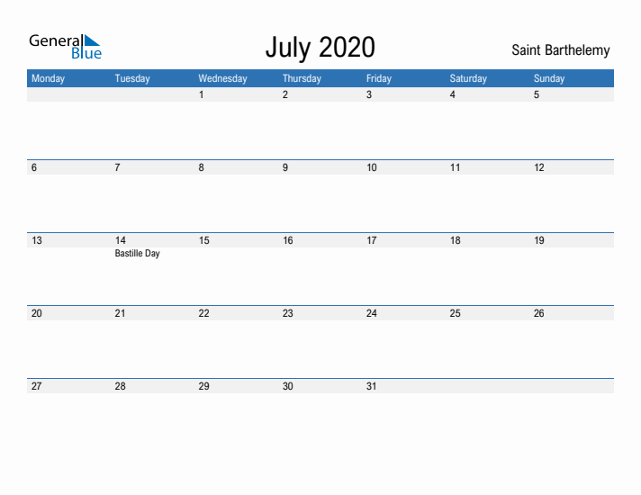 Fillable July 2020 Calendar