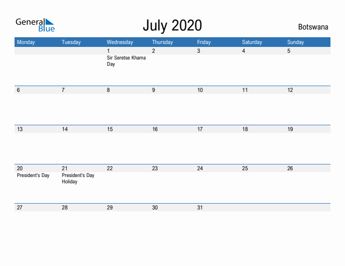 Fillable July 2020 Calendar