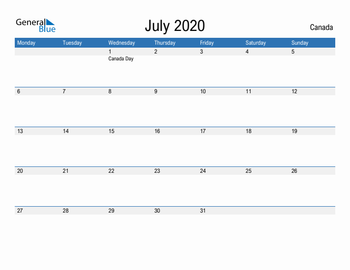 Fillable July 2020 Calendar