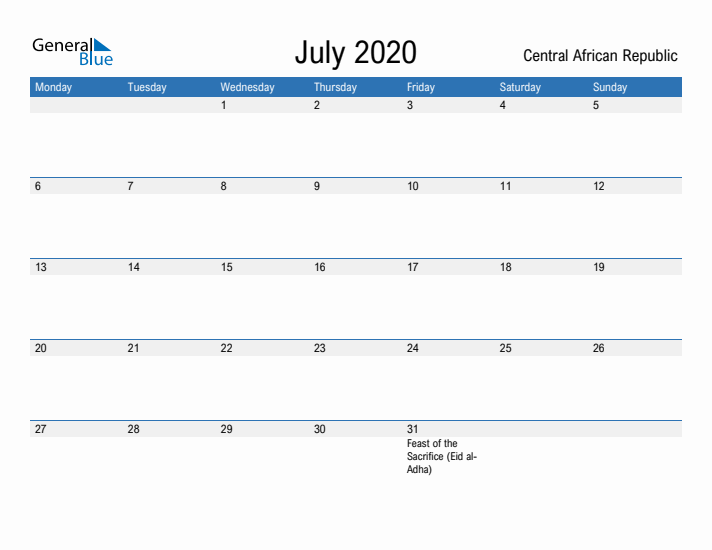 Fillable July 2020 Calendar