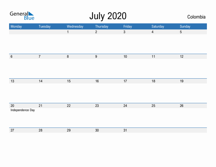 Fillable July 2020 Calendar