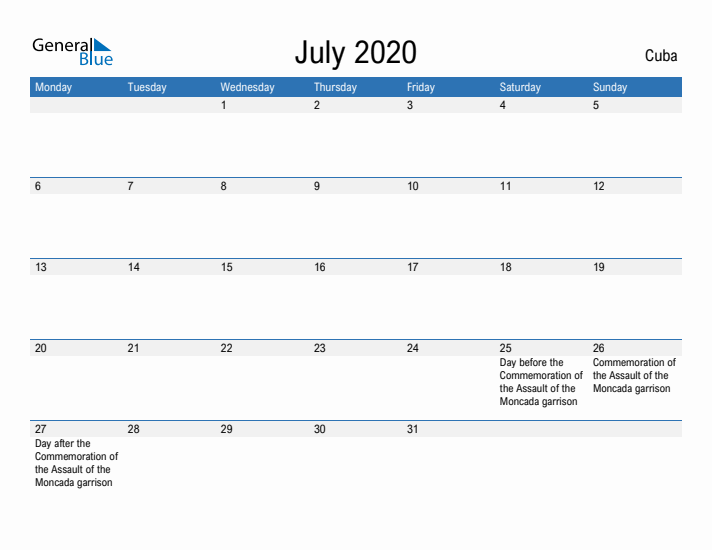 Fillable July 2020 Calendar