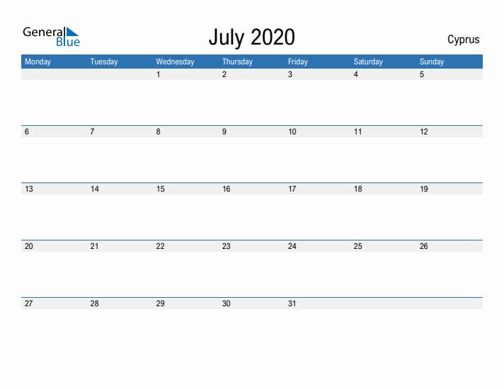 Fillable July 2020 Calendar