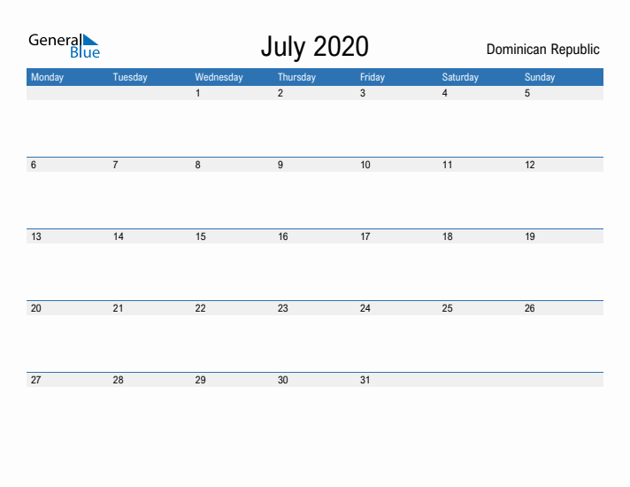 Fillable July 2020 Calendar