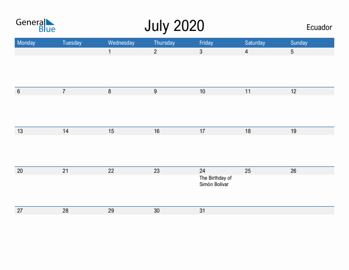 Fillable July 2020 Calendar