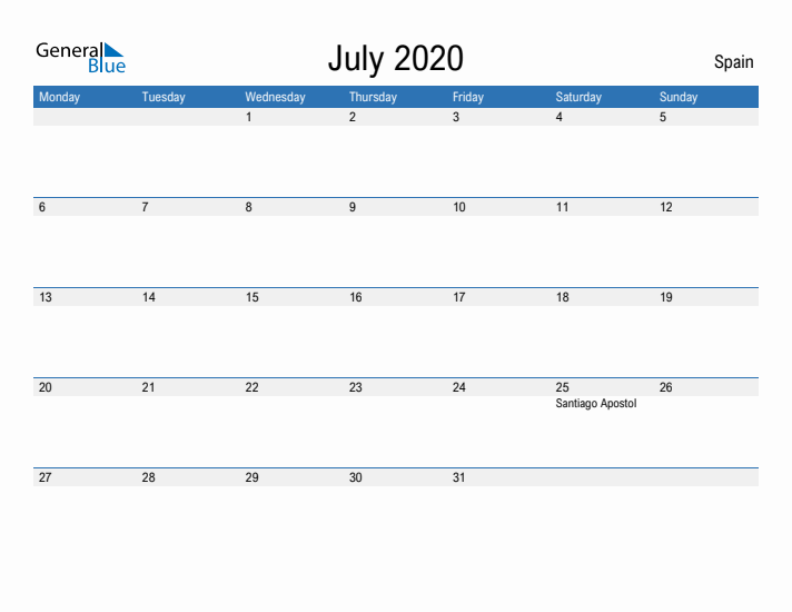 Fillable July 2020 Calendar