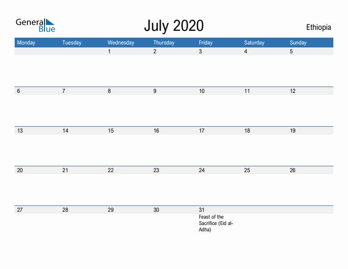 Fillable July 2020 Calendar