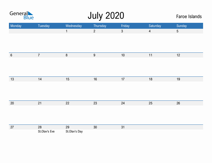 Fillable July 2020 Calendar