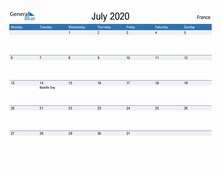 Fillable July 2020 Calendar