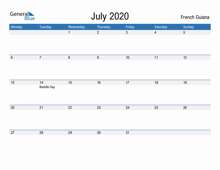 Fillable July 2020 Calendar