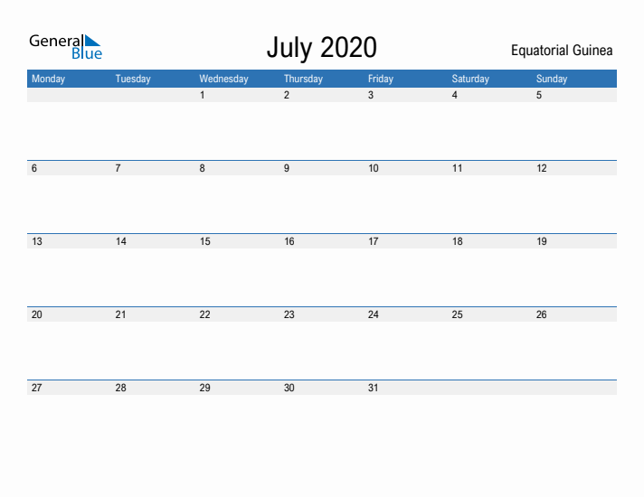 Fillable July 2020 Calendar