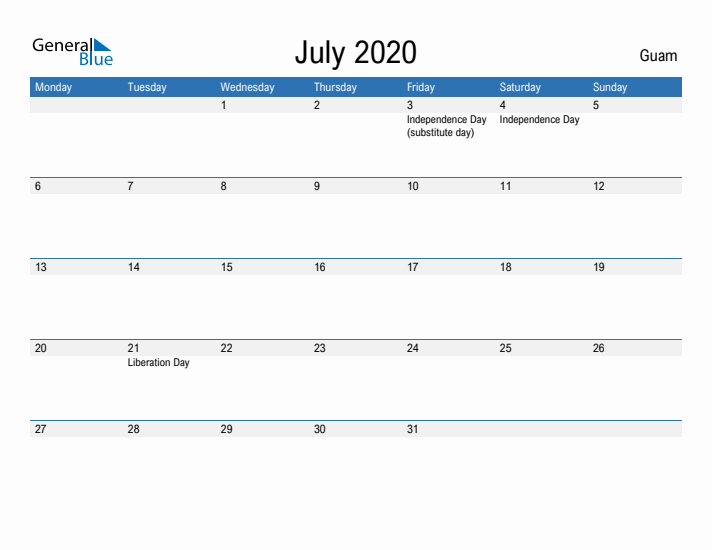 Fillable July 2020 Calendar