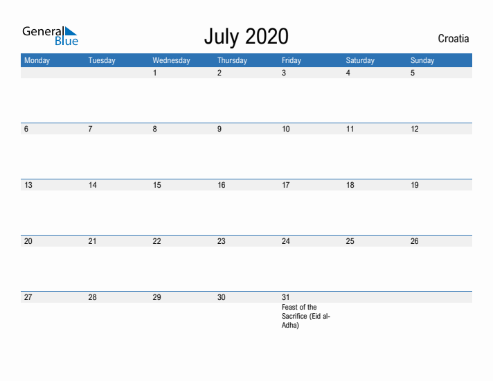 Fillable July 2020 Calendar