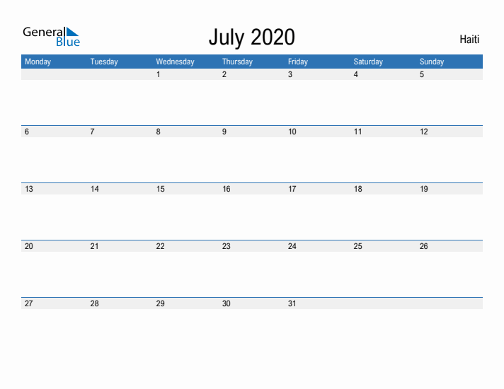 Fillable July 2020 Calendar