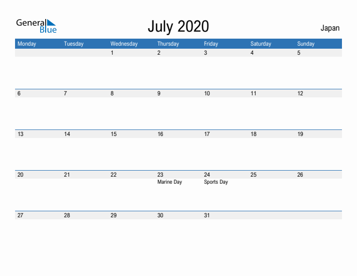 Fillable July 2020 Calendar