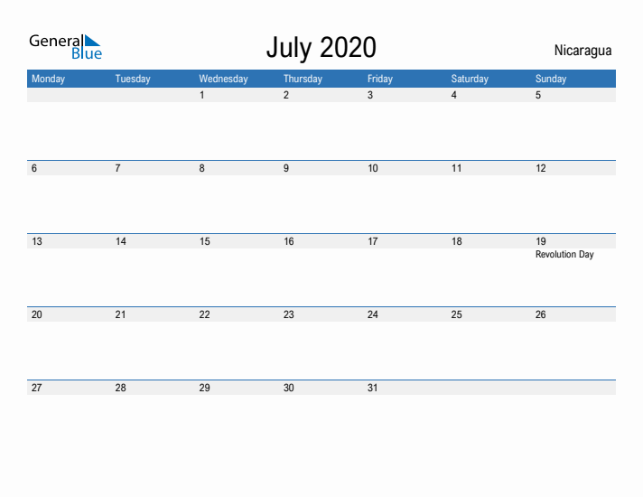 Fillable July 2020 Calendar