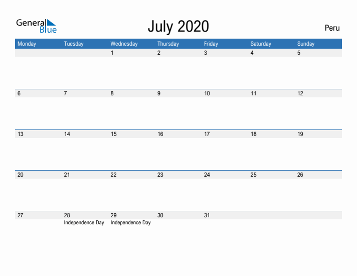 Fillable July 2020 Calendar